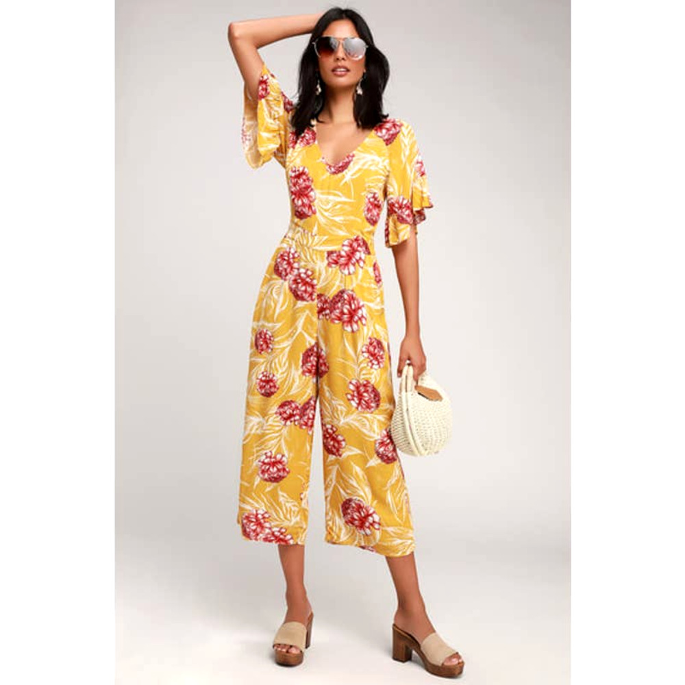 Lulus Garden's Glory Mustard Yellow Floral Print Culotte Jumpsuit - Picture 12 of 13